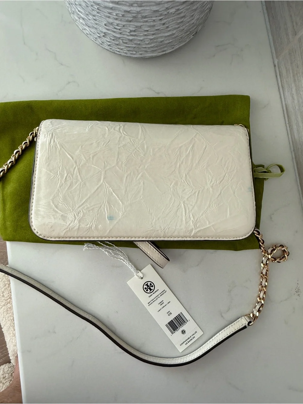 Tory Burch crinkle Cream patent leather Logo Chain Crossbody/with wristlet strap